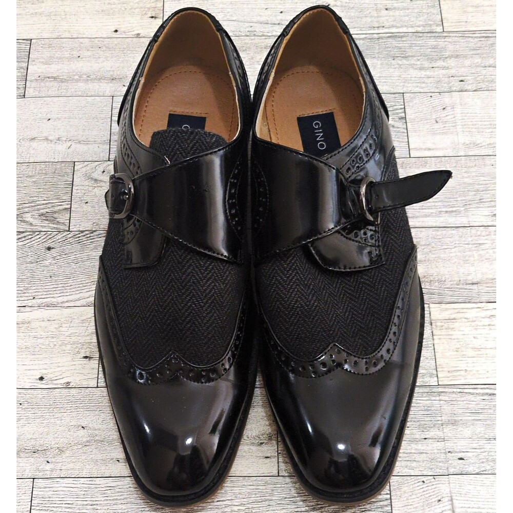 Gino Vitale Men's Black Monk Strap Buckle Dress Shoes Herringbone PU 8.5